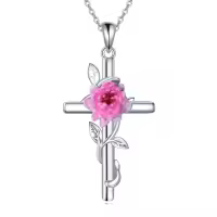 wholesale 925 Sterling Silver Pink Carnation Floral Cross Pendant Necklaces for Women Birthstone s-Chrysanthemums