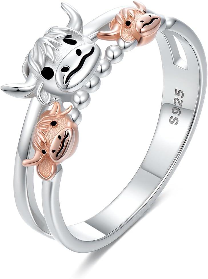 TOUPOP Sterling Silver Animal Rings Rose Gold Otter Highland Cow Fox Rings Animal Jewelry Gifts For Women Teens Birthday 