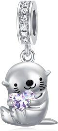 wholesale 925 Sterling Silver & Alexandrite Otter Charm Bead - 11.2x15mm, Zircon Accent, June Birthstone Jewelry for Bracelets, Gifts-0-0