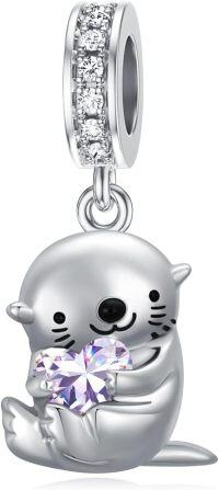 wholesale 925 Sterling Silver & Alexandrite Otter Charm Bead - 11.2x15mm, Zircon Accent, June Birthstone Jewelry for Bracelets, Gifts-06-Jun-Otter