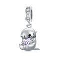 wholesale 925 Sterling Silver & Alexandrite Otter Charm Bead - 11.2x15mm, Zircon Accent, June Birthstone Jewelry for Bracelets, Gifts-0-0