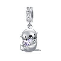 wholesale 925 Sterling Silver & Alexandrite Otter Charm Bead - 11.2x15mm, Zircon Accent, June Birthstone Jewelry for Bracelets, Gifts-06-Jun-Otter