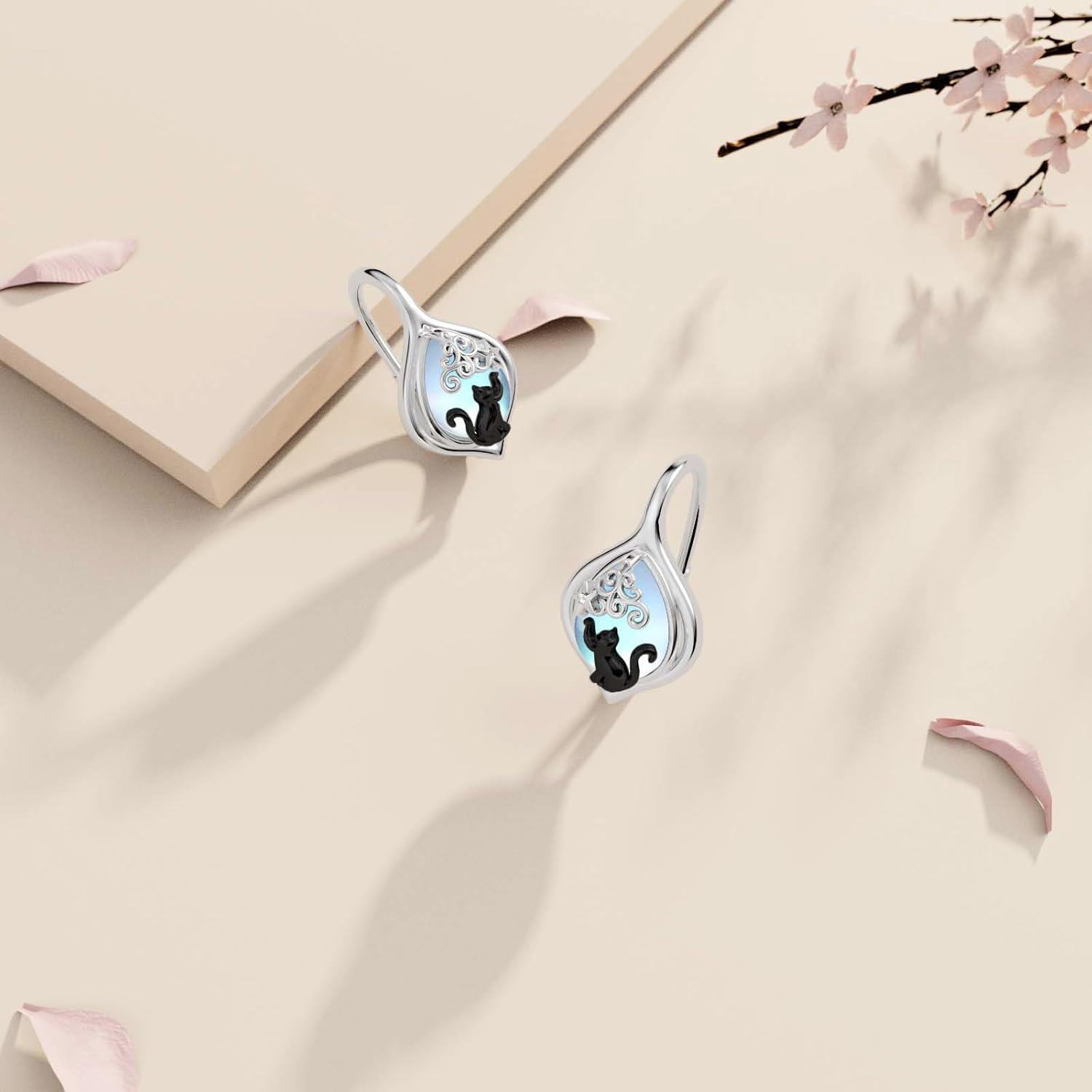 925 Sterling Silver Moonstone Black Cat Tree of Life Dragonfly Infinity Drop Earrings-0-2
