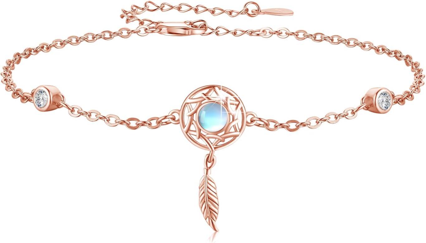 Sterling Silver Boho Stone Dream Catcher Bracelet for Women Adjustable 7+2in-Rose Gold-Moonstone
