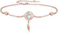 wholesale 925 Sterling Silver Moonstone Feather Charm Bracelet - Adjustable 9-8 in-Rose Gold-Moonstone