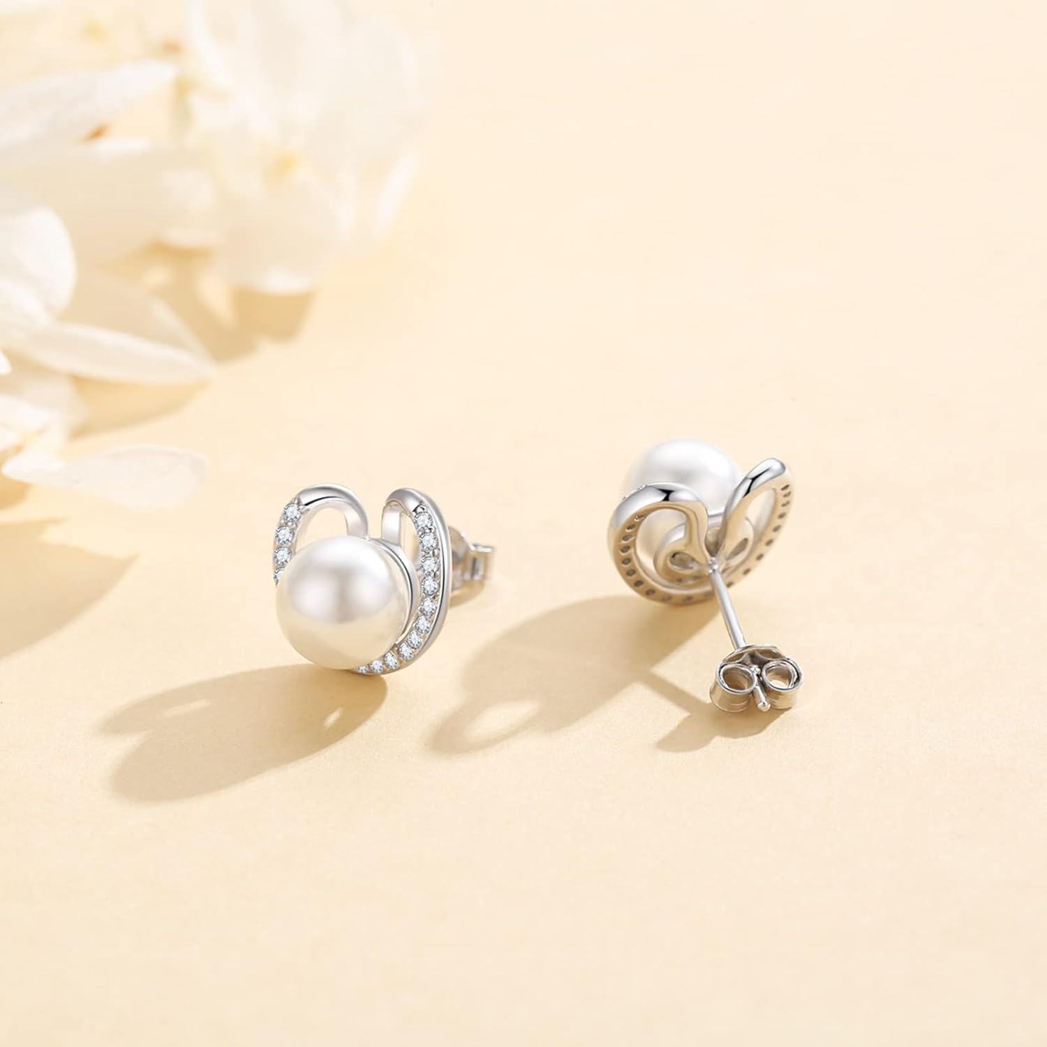 Sterling Silver Freshwater Pearl Stud Earrings for Women Mom Wife-0-4