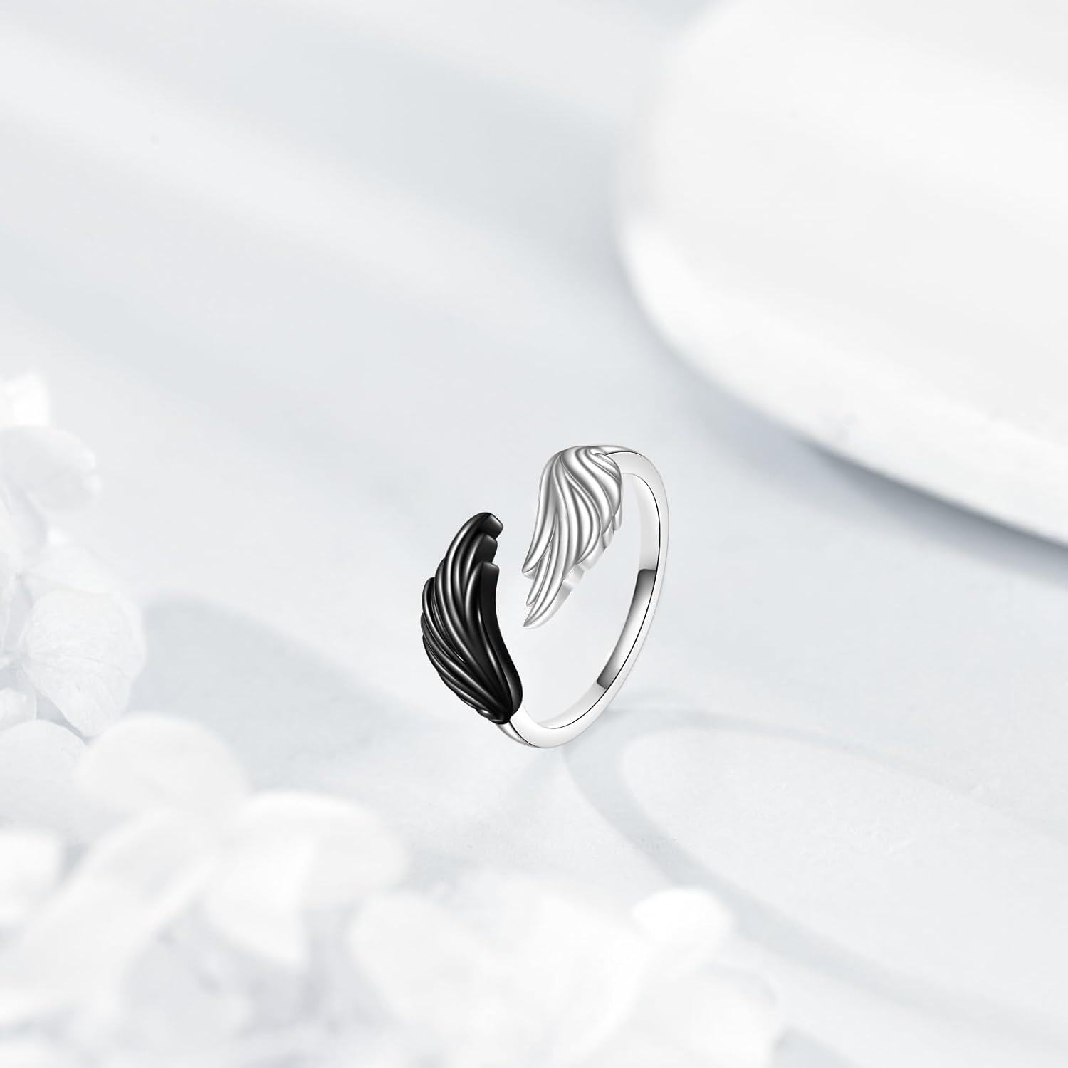 925 Sterling Silver Black & White Angel Wing Adjustable Ring for Women-0-1