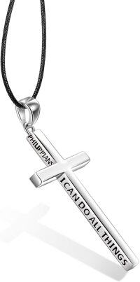 wholesale Sterling Silver Cross Necklace Philippians 4 13 I Can Do All Things Inspirational Gift-silver-Leather Rope