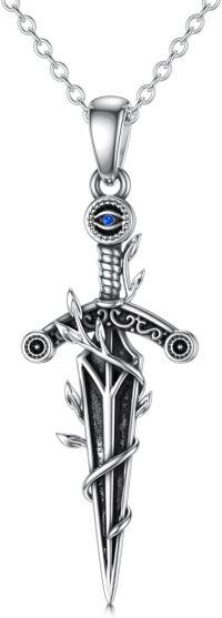wholesale 925 Sterling Silver Blue Sapphire Medieval Sword Cross Pendant Necklace-Dagger Evil Eye Necklace