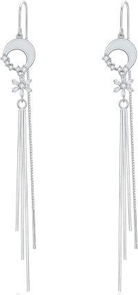 wholesale 925 Sterling Silver Moon & Star Threader Earrings w/ Tassel Chains for Women and Teens - Hypoallergenic Jewelry-Moon