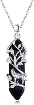 wholesale 925 Sterling Silver Black Onyx Tree of Life Wolf Pendant Necklace-0-0