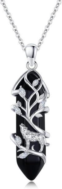 wholesale 925 Sterling Silver Black Onyx Tree of Life Wolf Pendant Necklace-Crystal Wolf Black