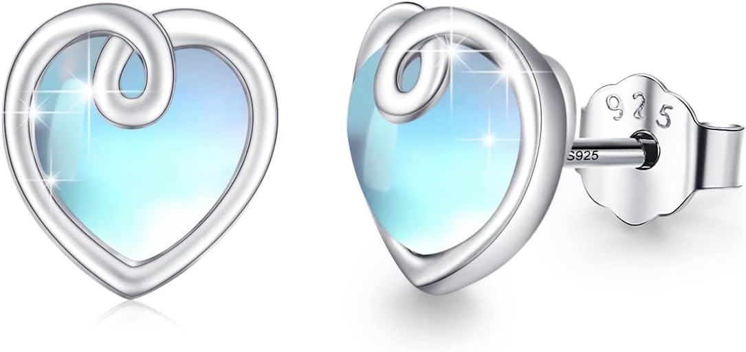 Sterling Silver Moonstone Birthstone Opal Star Planet Panda Whale Heart Earrings for Women -Heart Stud Earrings