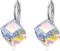 wholesale 925 Sterling Silver Leverback Earrings with AB Color Cube Crystals Hypoallergenic 6mm Square Crystal Anniversary Birthday s for Women-0-0