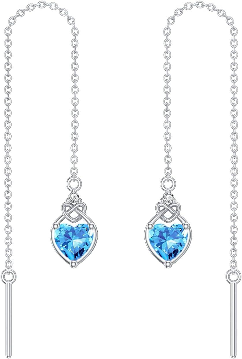 Sterling Silver Celtic Knot Heart Threader Earrings w 12 Birthstones-3-Mar-Aquamarine Blue