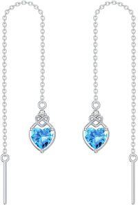 wholesale 925 Sterling Silver Celtic Knot Heart Threader Earrings w 12 Birthstones-3-Mar-Aquamarine Blue