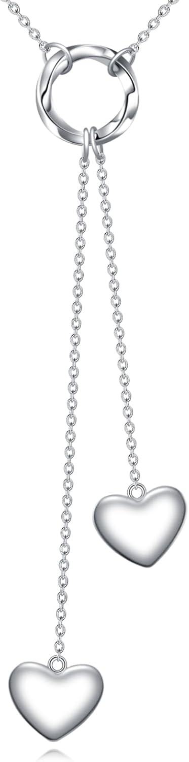 Sterling Silver Y Necklace with Lariat Tassel Pendant for Women Girls Mom Daughter Gift-heart