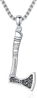 wholesale 925 Sterling Silver Axe Pendant Necklace  for Men - Norse Viking Jewelry with Rune Design and Chain 46cm Length-0-0