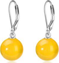 wholesale 925 Sterling Silver Yellow Jade Round Ball Leverback Dangle Drop Earrings for Women-Yellow Agate