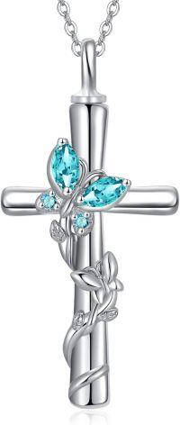 wholesale 925 Sterling Silver White Gold Plated Butterfly Cross Urn Necklace w Birthstone for Ashes Memorial Jewelry-Butterfly Cross Urn-Dec