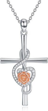 wholesale 925 Sterling Silver Heart Rose Cross Pendant Necklace for Women Girls Gifts-Rose