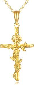 wholesale 14K Gold (AU585) & Rose Flower Cross Pendant Necklace - 16 Rolo Chain, 2.86g, Gift Box-0-0