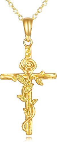 wholesale 14K Gold (AU585) & Rose Flower Cross Pendant Necklace - 16 Rolo Chain, 2.86g, Gift Box-Rose cross necklace