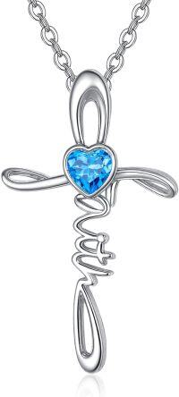 wholesale Sterling Silver Simulated Gemstone Faith Cross Birthstone Necklace for Women Christian Gifts-12-Blue Topaz