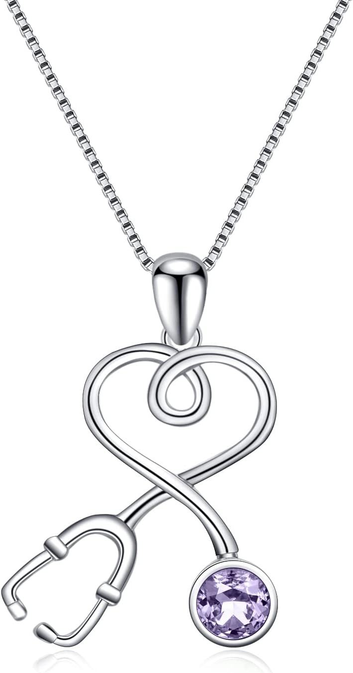 Sterling Silver Stethoscope Necklace w 12 Austria Birthstone Crystals Med Grad Gift-925 Silver - Violet Purple