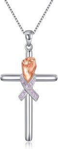 wholesale 925 Sterling Silver Pink Ribbon Fist Cross Pendant Necklace for Women - Breast Cancer Awareness Jewelry-0-0