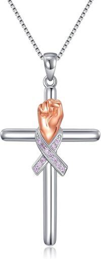 wholesale 925 Sterling Silver Pink Ribbon Fist Cross Pendant Necklace for Women - Breast Cancer Awareness Jewelry-Breast Cancer