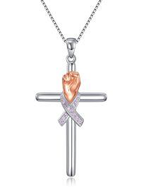 wholesale 925 Sterling Silver Pink Ribbon Fist Cross Pendant Necklace for Women - Breast Cancer Awareness Jewelry-Breast Cancer