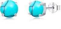 wholesale 925 Sterling Silver Turquoise Stud Earrings 6mm Round Gemstone  for Women-B-12 Turquoise