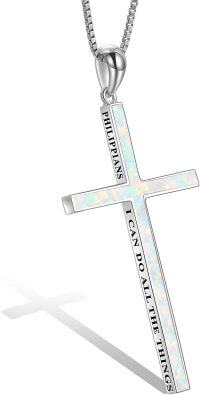 wholesale Sterling Silver Cross Necklace Philippians 4 13 I Can Do All Things Inspirational Gift-White Opal