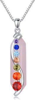 wholesale 925 Sterling Silver Pink Quartz Rainbow Stone Chakra Tree of Life Pendant Necklace for Women-0-0