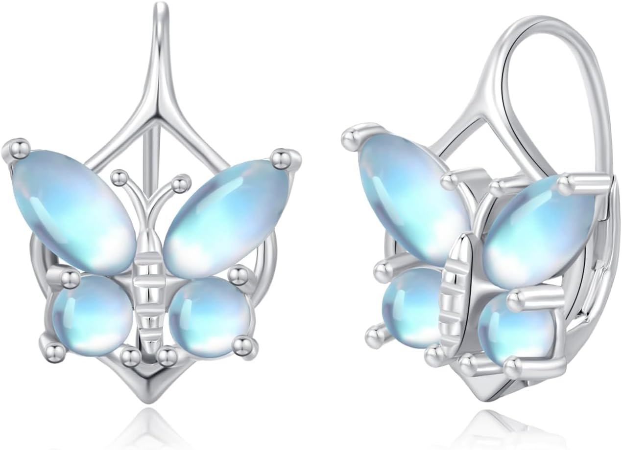  Sterling Silver Animal Stud Earrings Butterfly Unicorn Yorkie Beagle Axolotl Frog Cow Panda Dog Dino Cat Hedgehog Sloth -Moonstone-3