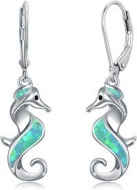 wholesale Sterling Silver Opal Seahorse Drop Dangle Earrings Ocean Beach Jewelry Gifts-Lightgreen Opal