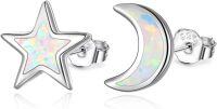 wholesale 925 Sterling Silver White Opal Crescent Moon & Star Stud Earrings Celestial s for Women Girls-01-Moon Star(White )