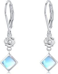 wholesale 925 Sterling Silver Opalite Cubic Zirconia Shape Flower Design Leverback Earrings-Square Moonstone Earrings