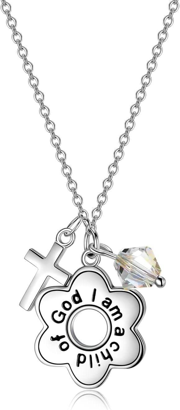 Sterling Silver Daisy Child of God Necklace for Girls Baptism Communion Birthday-Aurora Borealis-Color Changing