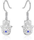 wholesale 925 Sterling Silver Hamsa Hand Evil Eye Dangle Earrings with Blue Crystal Accent-0-0