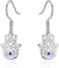 wholesale 925 Sterling Silver Hamsa Hand Evil Eye Dangle Earrings with Blue Crystal Accent-hamsa 1