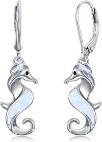 wholesale 925 Sterling Silver White Opal Sea Horse Leverback Drop Dangle Earrings for Women Girls Ocean Beach  4cm Long-White Opal