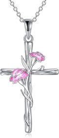 wholesale 925 Sterling Silver Pink Carnation Birth Flower Cross Pendant Necklace for Women-0-0