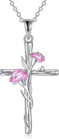 wholesale 925 Sterling Silver Pink Carnation Birth Flower Cross Pendant Necklace for Women-Carnation flower cross necklace-January Birth Flower