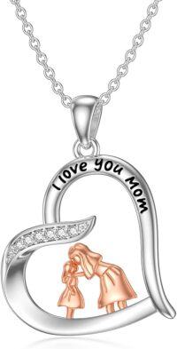 wholesale 925 Sterling Silver Heart-Shaped Mother Daughter Necklace with I love you mom Inscription and Cubic Zirconia Stones for Women's Gifts-02-Mother and Daughter