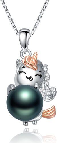 wholesale 925 Sterling Silver Unicorn & Green Pearl Pendant Necklace for Women-Unicorn