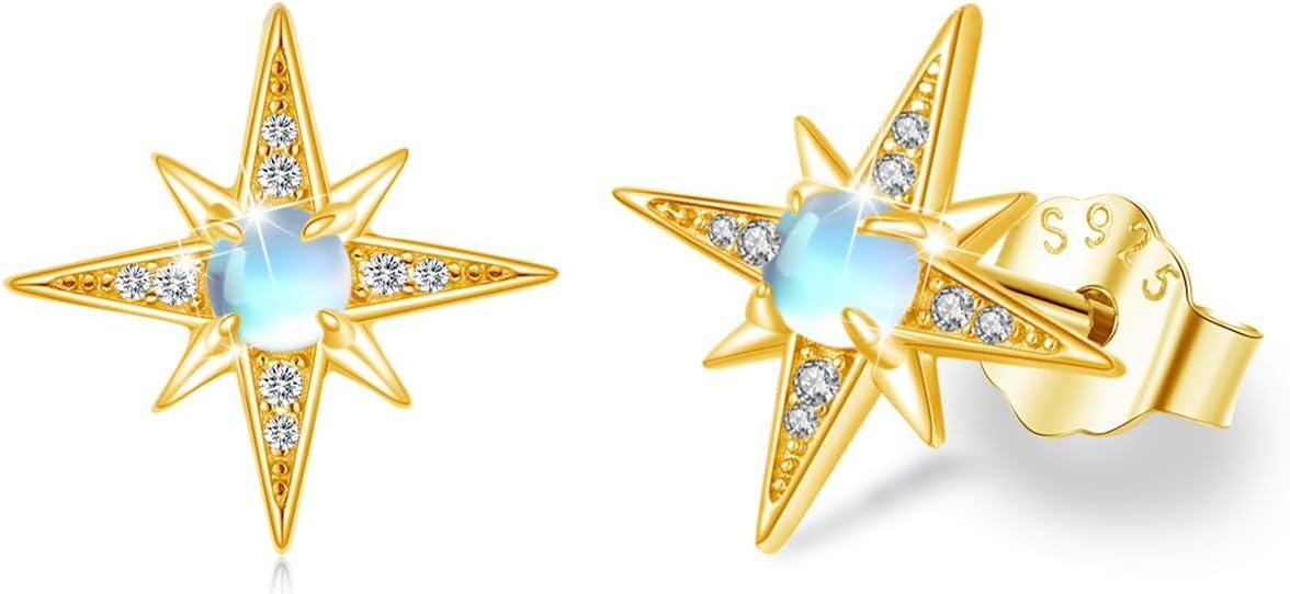 Sterling Silver Moonstone Birthstone Opal Star Planet Panda Whale Heart Earrings for Women -Star Moonstone Stud Earrings - Gold
