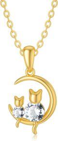 wholesale 14K Gold CZ Cat and Moon Charm Necklace for Women s-0-0