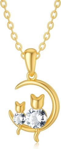 wholesale 14K Gold CZ Cat and Moon Charm Necklace for Women s-Cat